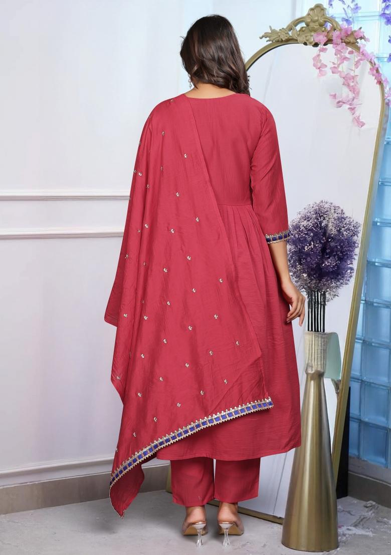 Maroon Embroidered Chanderi Salwar Kameez