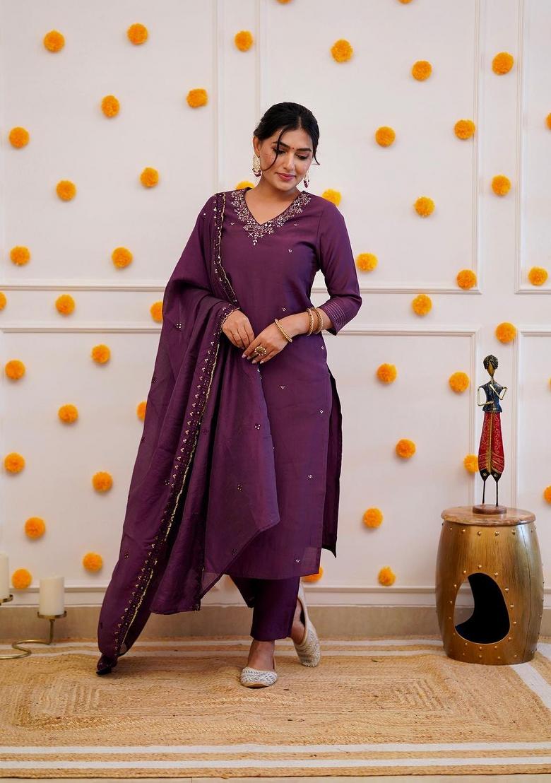 Purple Embroidered Chanderi Salwar Kameez