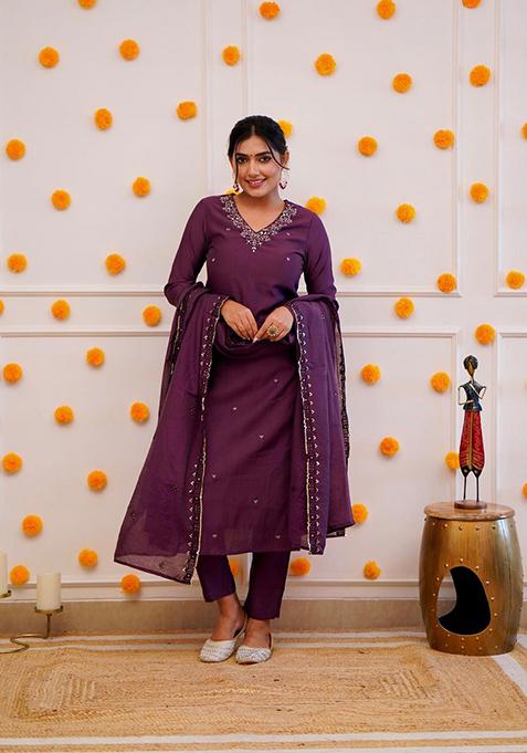 Purple Embroidered Chanderi Salwar Kameez