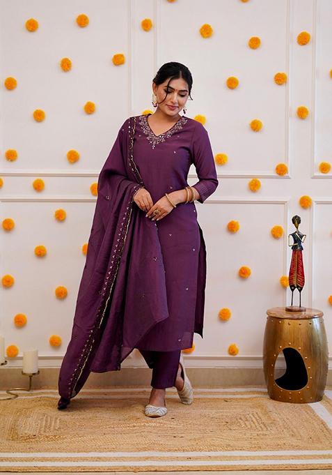 Purple Embroidered Chanderi Salwar Kameez
