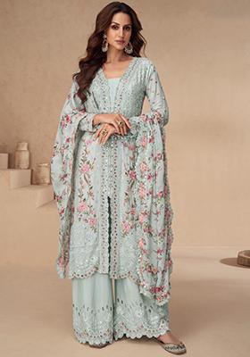 Sky Blue Floral Print Chinon Salwar Kameez
