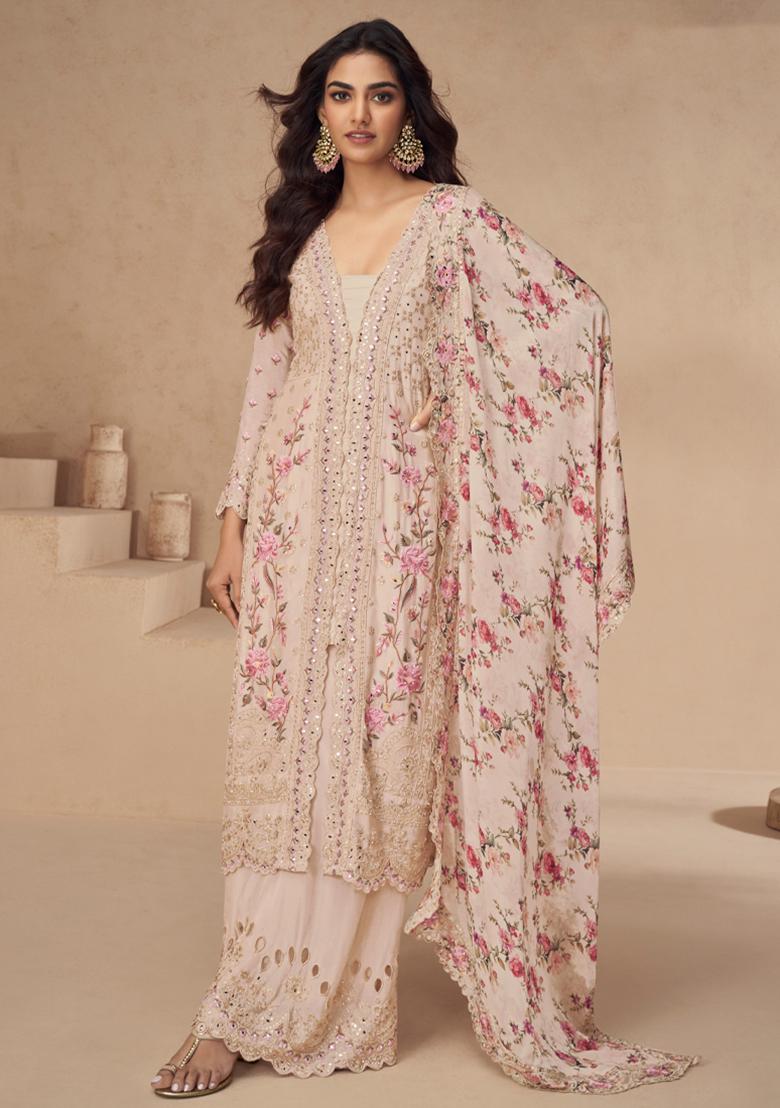 Beige Floral Print Chinon Salwar Kameez
