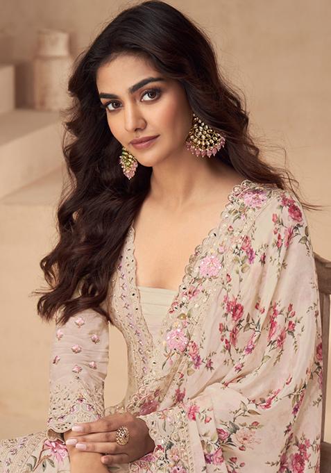 Beige Floral Print Chinon Salwar Kameez
