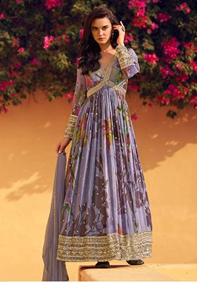 Lavender Floral Print Chinon Anarkali Set
