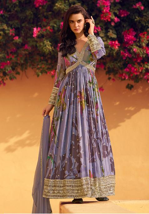 Lavender Floral Print Chinon Anarkali Set