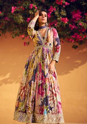 Purple Floral Print Chinon Anarkali Set