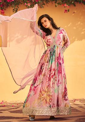 Pink Floral Print Chinon Anarkali Set