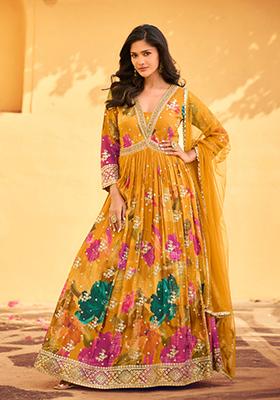 Yellow Floral Print Chinon Anarkali Set