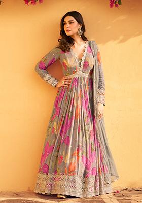 Grey Floral Print Chinon Anarkali Set