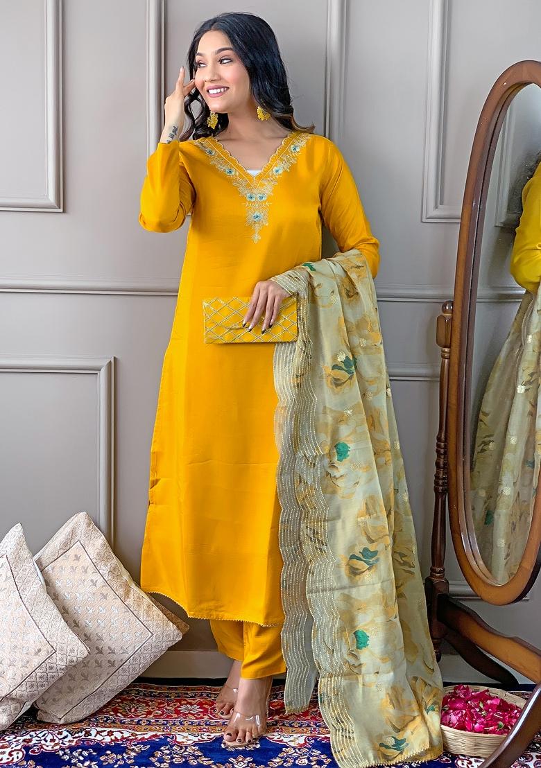 Yellow Embroidered Viscose Salwar Kameez