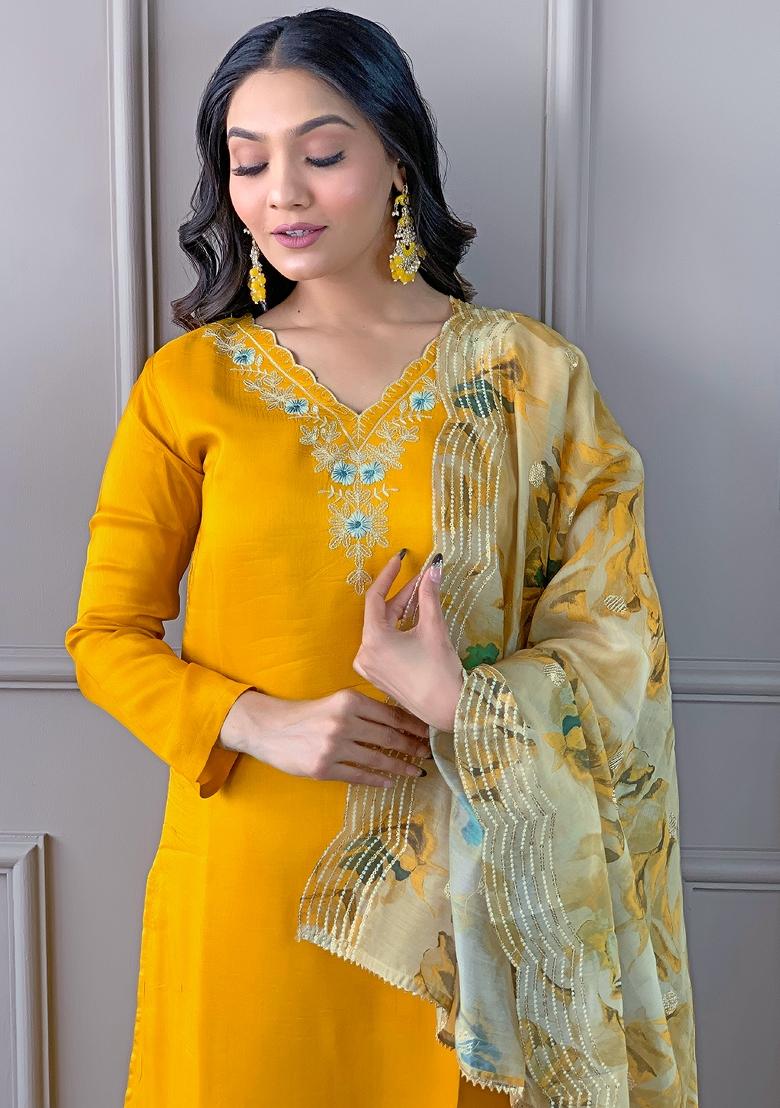 Yellow Embroidered Viscose Salwar Kameez