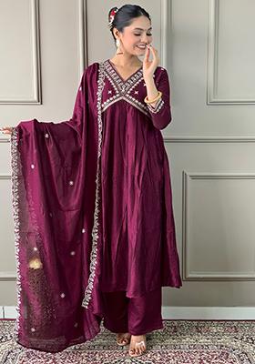 Wine Embroidered Vichitra Silk Salwar Kameez
