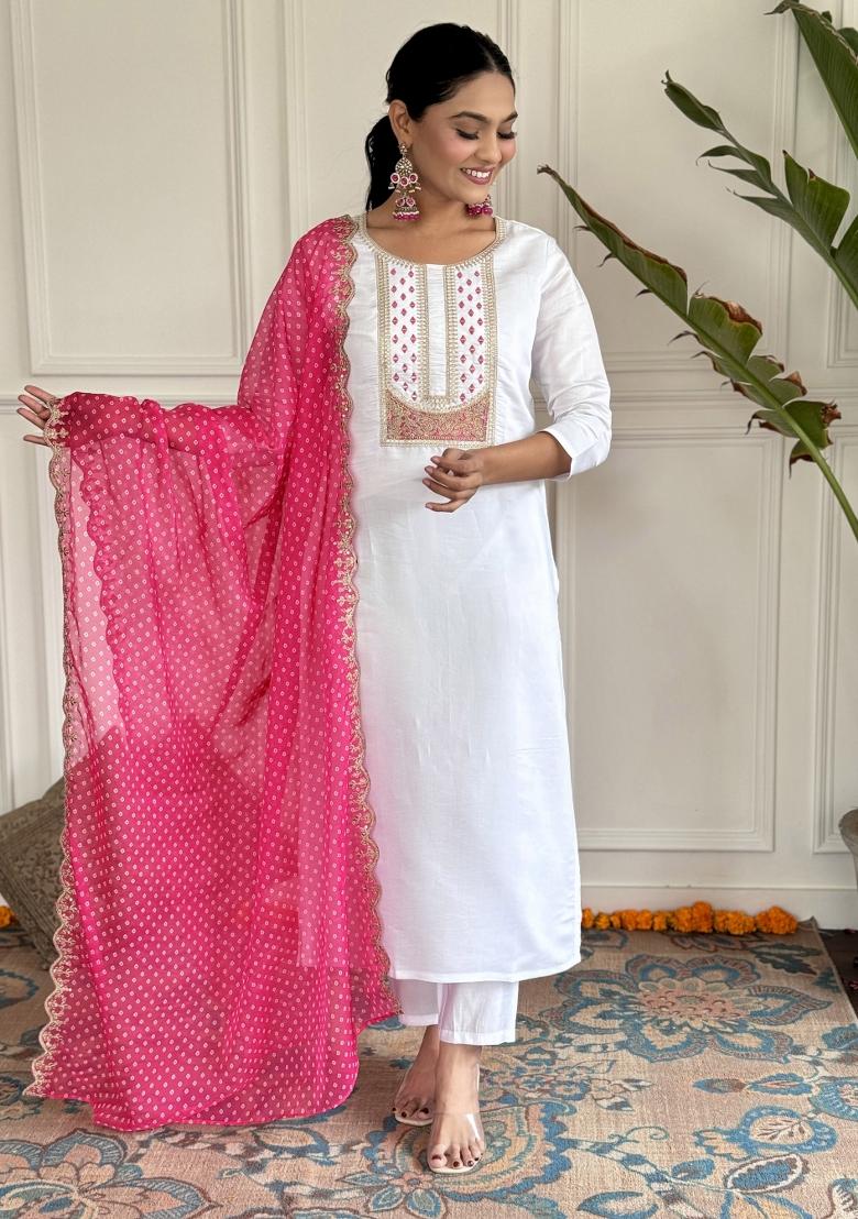White Embroidered Viscose Salwar Kameez