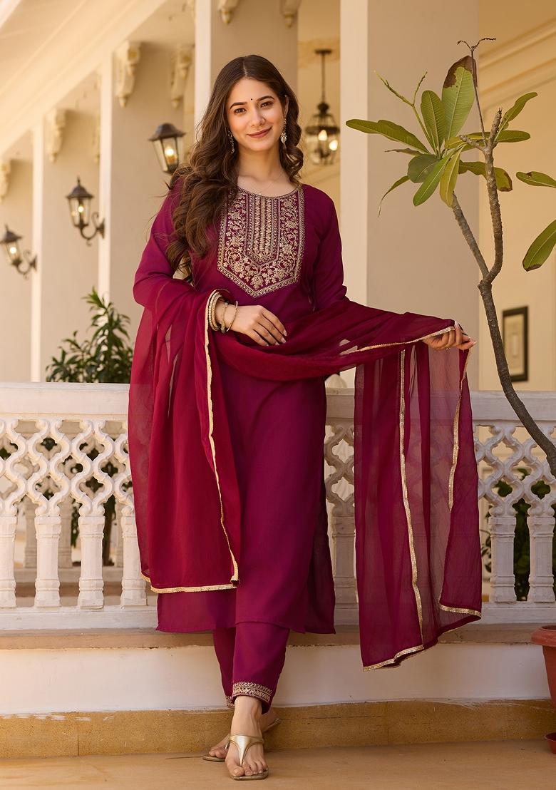 Maroon Embroidered Rayon Salwar Kameez
