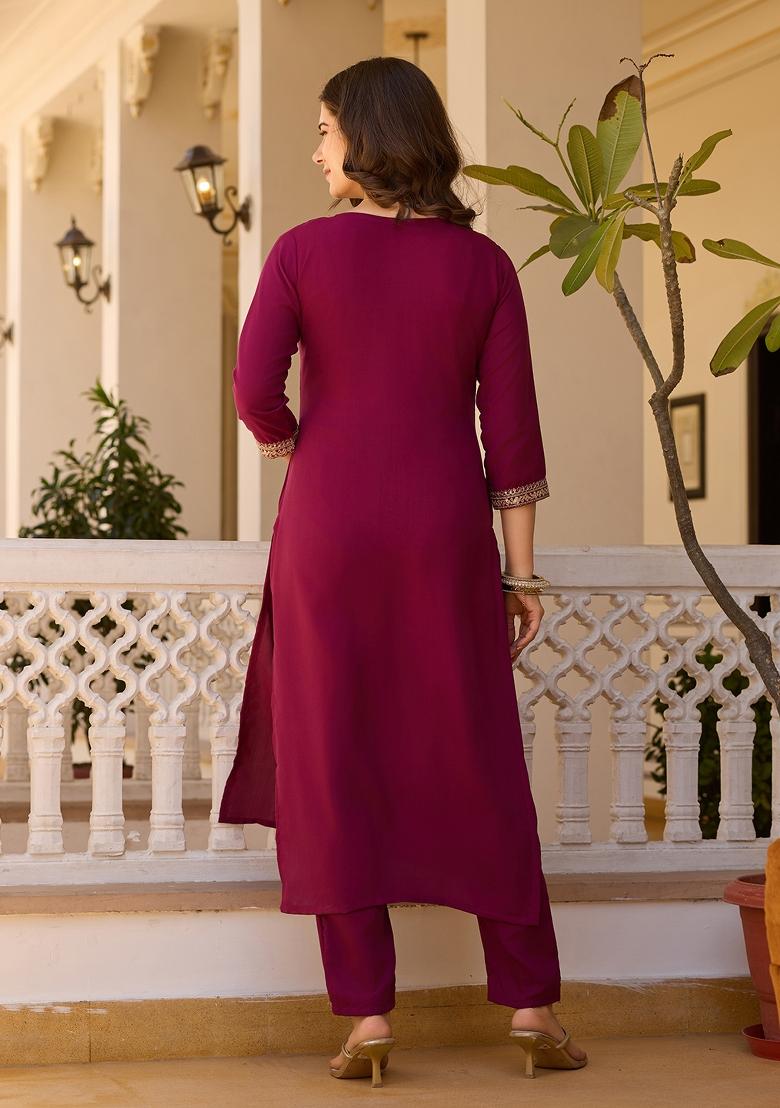 Maroon Embroidered Rayon Salwar Kameez