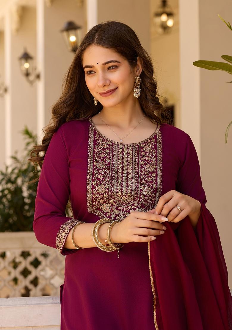 Maroon Embroidered Rayon Salwar Kameez