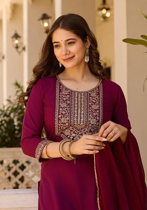 Maroon Embroidered Rayon Salwar Kameez