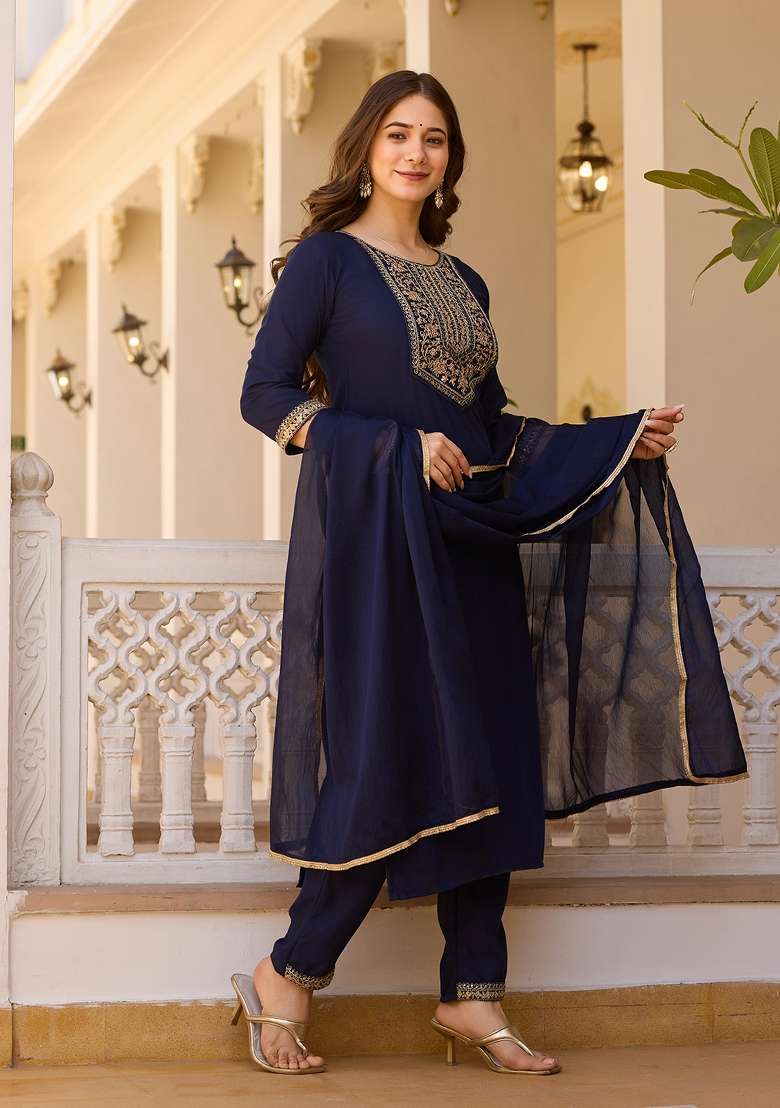Navy Blue Embroidered Rayon Salwar Kameez - Indya
