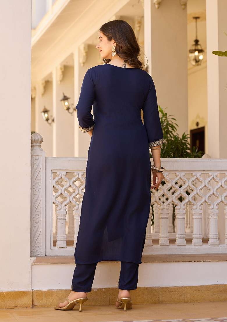 Navy Blue Embroidered Rayon Salwar Kameez - Indya