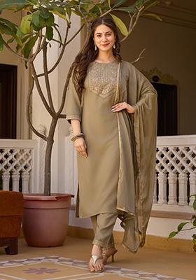 Pista Green Embroidered Rayon Salwar Kameez
