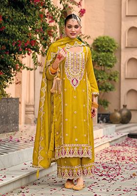 Mustard Yellow Embroidered Chinon Pakistani Salwar Kameez