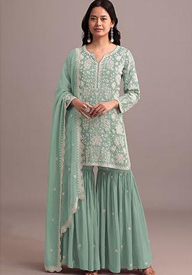 Sea Green Embroidered Georgette Sharara Set
