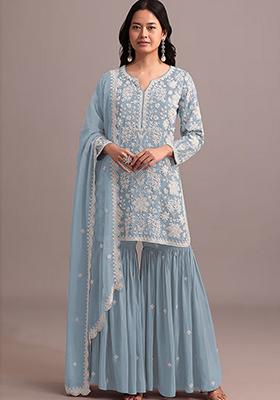 Sky Blue Embroidered Georgette Sharara Set