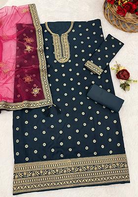 Morpeach Blue Embroidered Jacquard Salwar Kameez