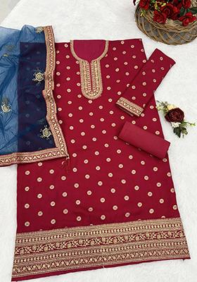 Pink And Red Embroidered Jacquard Salwar Kameez