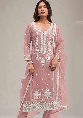 Dusty Rose Red Embroidered Cotton Pakistani Salwar Kameez