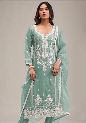 Mint Green Embroidered Cotton Pakistani Salwar Kameez