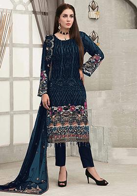 Navy Blue Embroidered Georgette Pakistani Salwar Kameez
