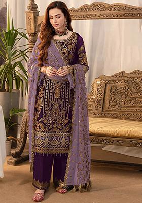 Purple Embroidered Georgette Pakistani Salwar Kameez