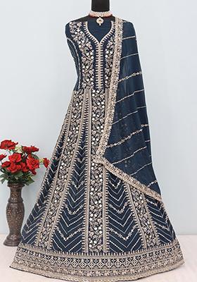 Dark Teal Blue Embroidered Georgette Anarkali Set