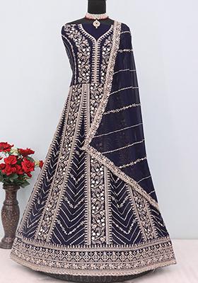 Navy Blue Embroidered Georgette Anarkali Set