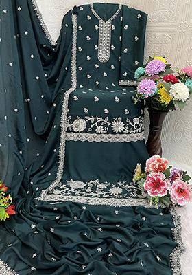 Teal Blue Embroidered Chinon Pakistani Salwar Kameez