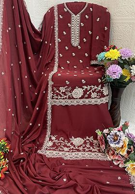 Maroon Embroidered Chinon Pakistani Salwar Kameez