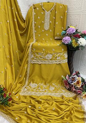 Mustard Yellow Embroidered Chinon Pakistani Salwar Kameez