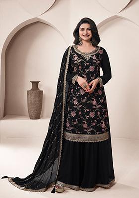 Black Embroidered Chinon Palazzo Set With Dupatta