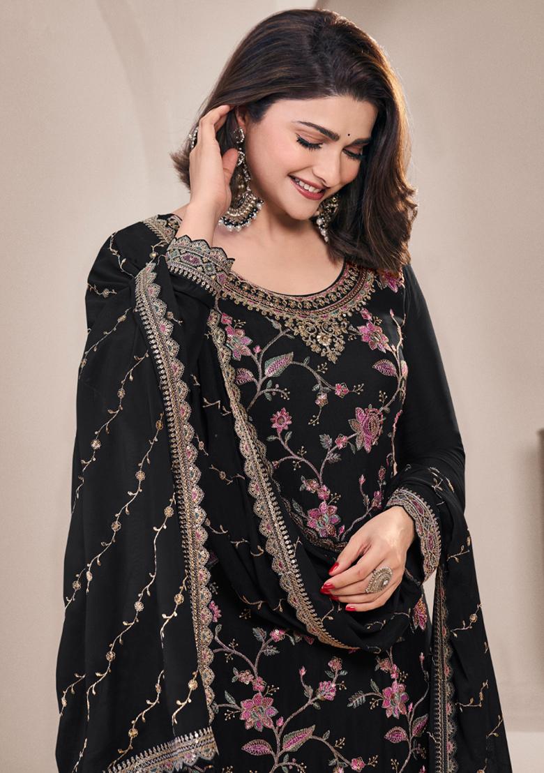 Black Embroidered Chinon Palazzo Set