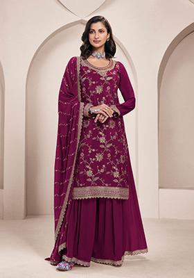 Magenta Embroidered Chinon Palazzo Set With Dupatta