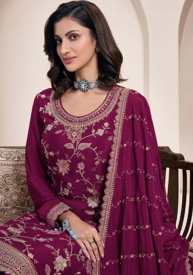 Magenta Embroidered Chinon Palazzo Set