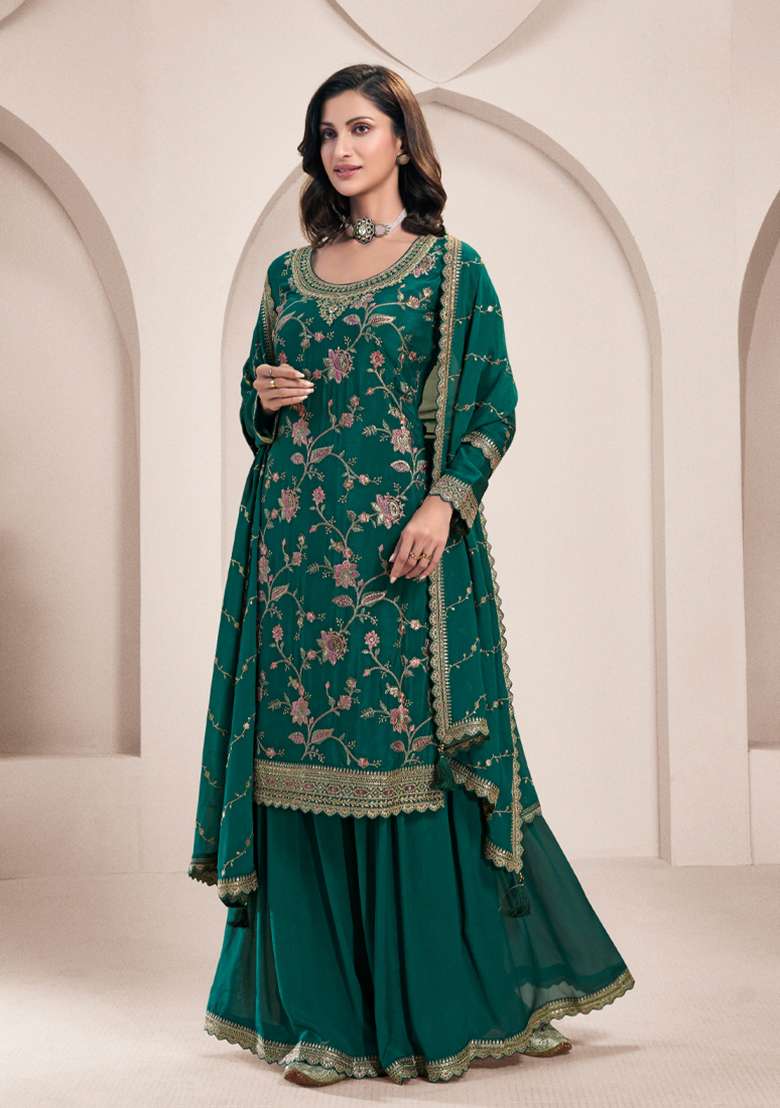 Green Embroidered Chinon Palazzo Set With Dupatta - Indya