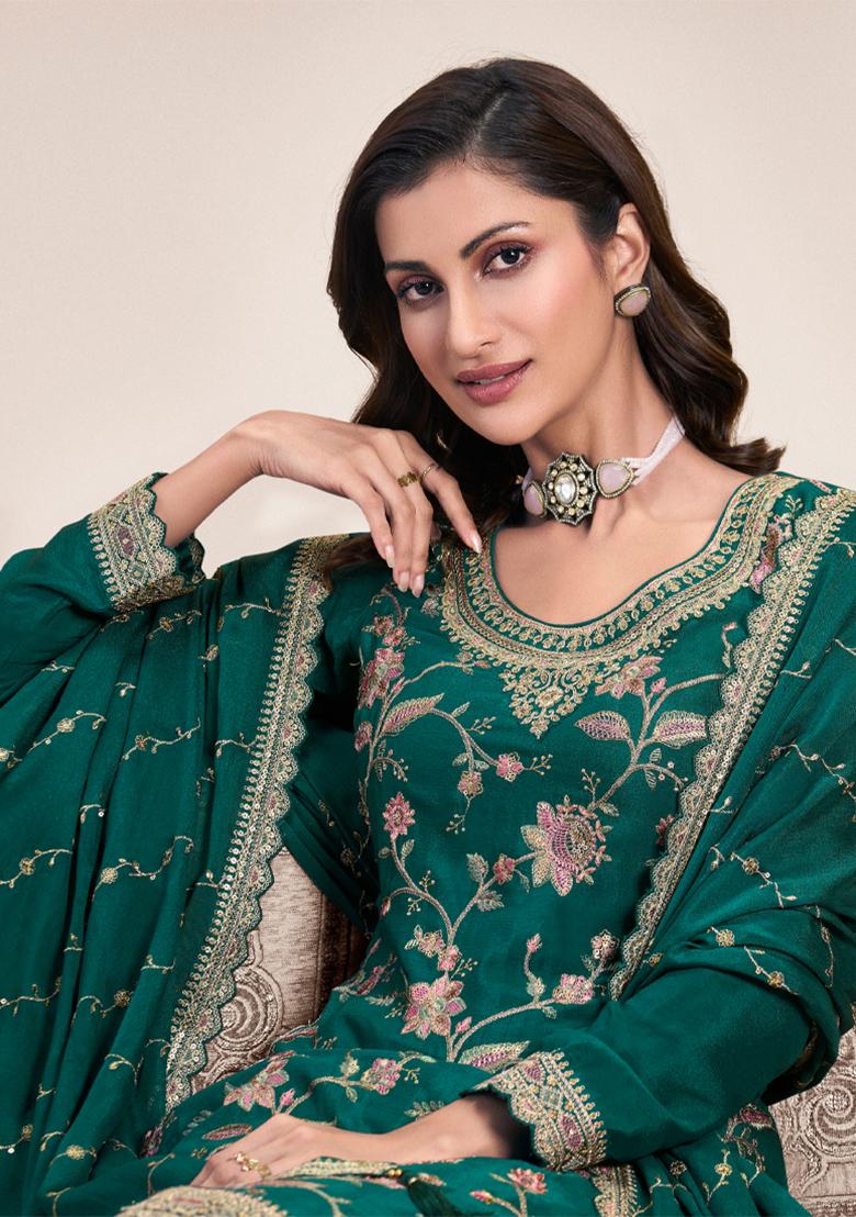 Green Embroidered Chinon Palazzo Set