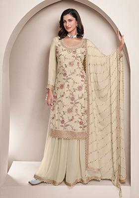 White Embroidered Chinon Palazzo Set With Dupatta