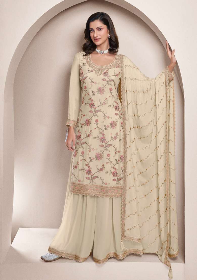White Embroidered Chinon Palazzo Set With Dupatta - Indya