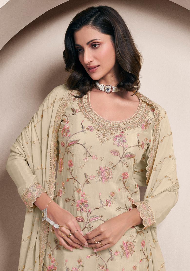 White Embroidered Chinon Palazzo Set