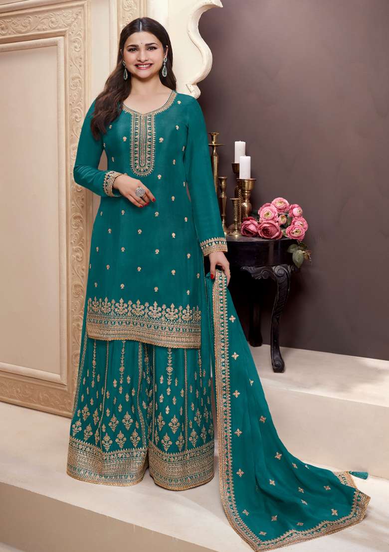 Rama Green Embroidered Chinon Palazzo Set With Dupatta - Indya
