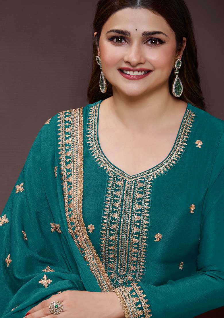 Rama Green Embroidered Chinon Palazzo Set With Dupatta - Indya