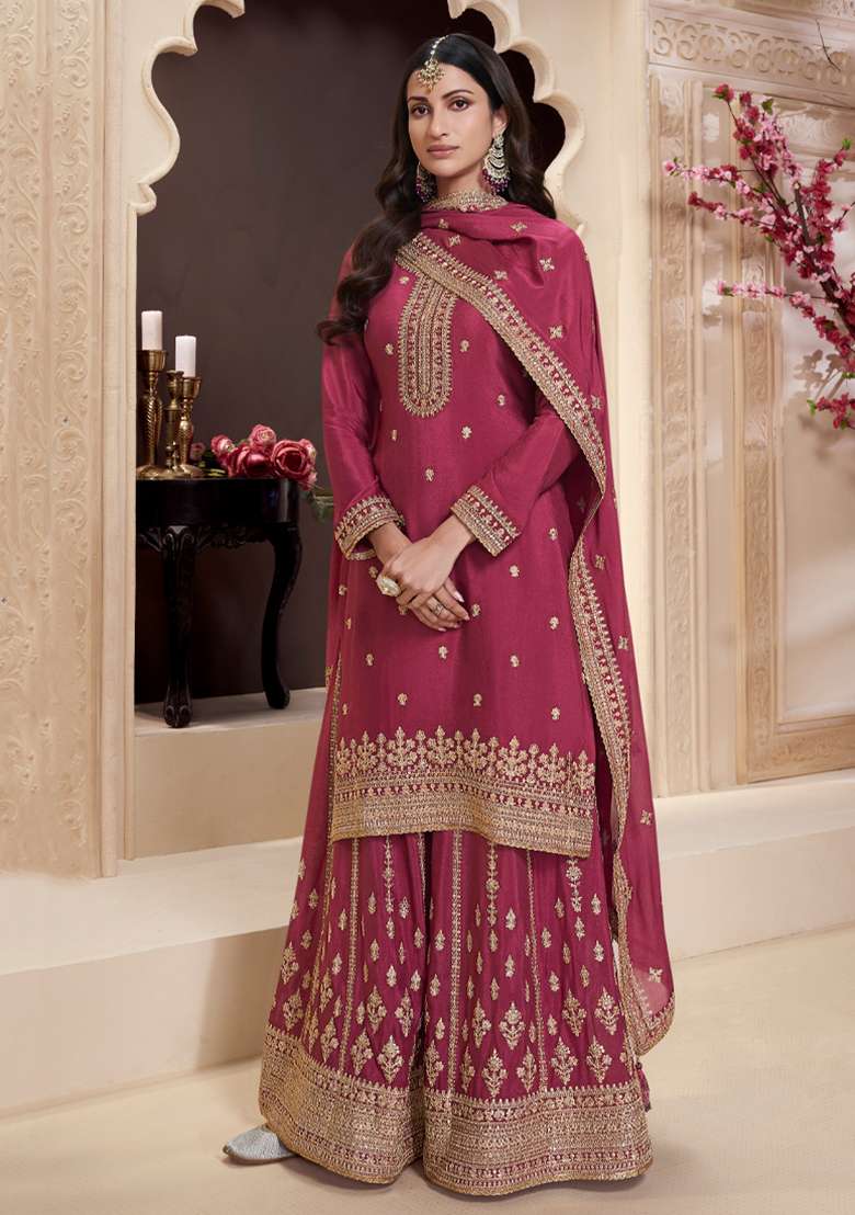 Rani Pink Embroidered Chinon Palazzo Set With Dupatta - Indya